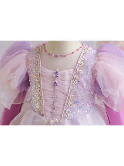 Wunderschönes Mädchenkleid, Puffärmel + lange Ärmel, Netzbedeckung, geeignet für Tänze, Partys, Auftritte, Host-Verkleidung.