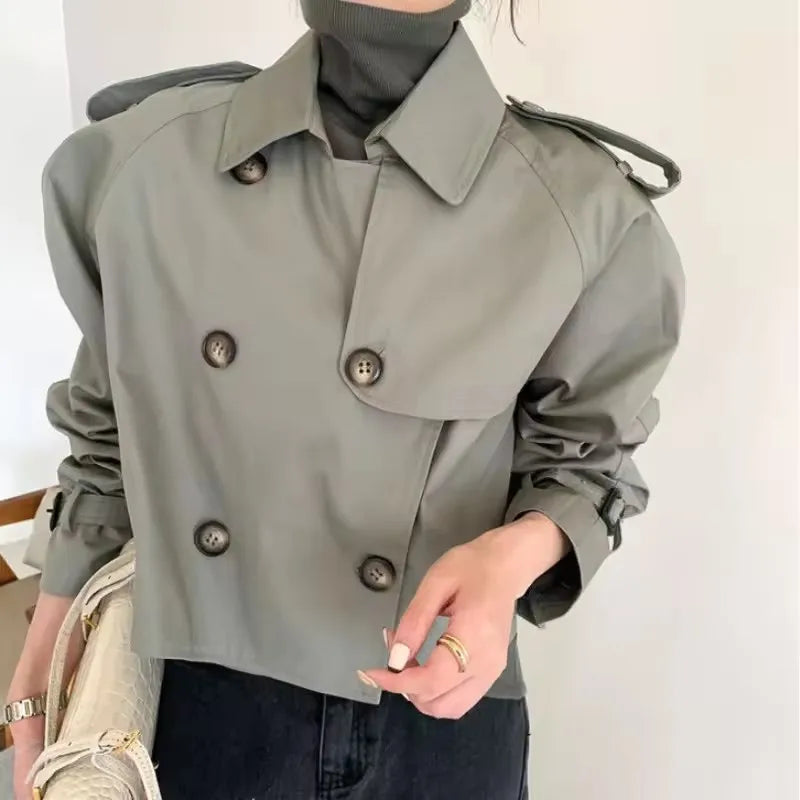 Vintage Zweireiher Graben Jacken Frauen Lose Chic Büro Dame Crop Tops Herbst Weibliche Mäntel Alle-spiel Lose Windjacke.