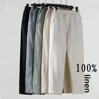 Casual Men's Linen Pants Loose Fit Cotton Linen 3/4 Length Pants Chinese Style Men's Material.