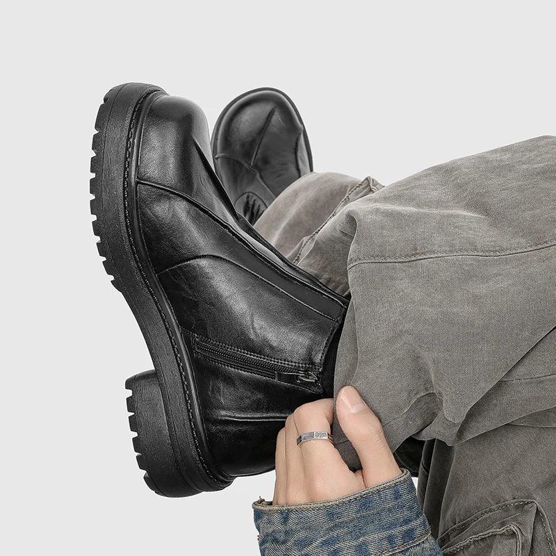Autumn Winter Mens Ankle Boots Genuine Leather  Platform Chelsea Boots Street Style Male Motorcycle Boots High Top Walking Shoes.