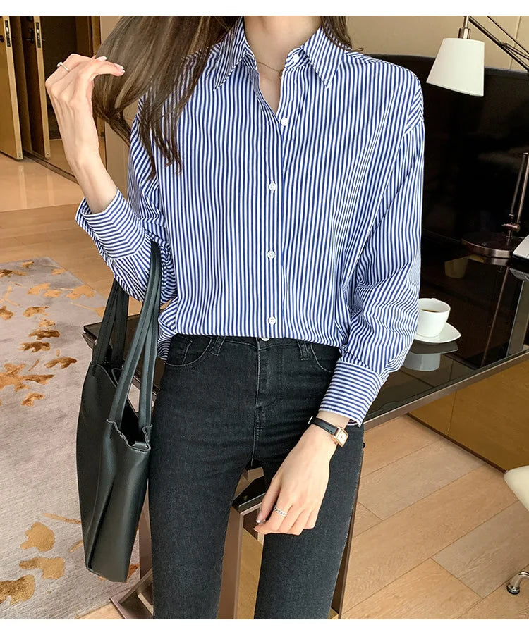 1pcs Woman Four Season Stripe Shirts Lady Casual Long Sleeve Turn-down Collar Loose Shirt Female Business Attire Korean Tops.