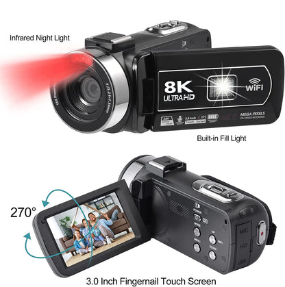 8K HD Video Camera 3 Inch LCD Touch Screen 18x Digital Zoom Camera Recorder Ultra HD WIFI Portable Recording Camcorder.