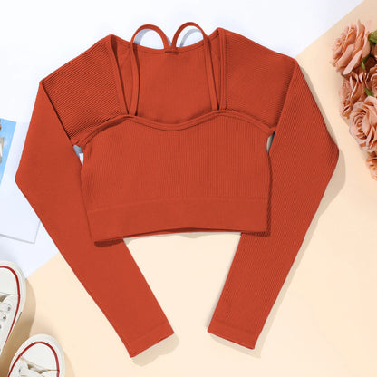 Women Screw Thread Small Sling Long Sleeve Fitness Crop Top Running Slim Fit Comfortable Sports Yoga Casual Fashion Tops.