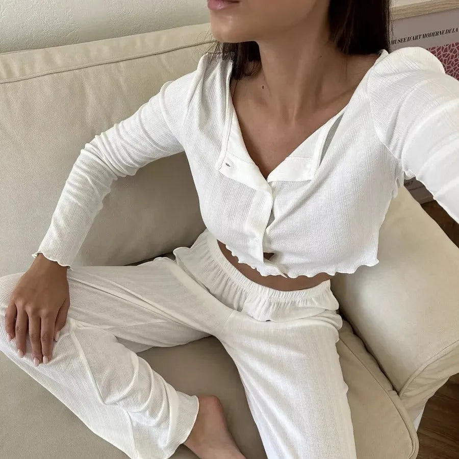 Spring and Autumn New Ladies Sexy Pajamas Homewear Suit Knitted Design Sense Containing Cotton Long-Sleeved Long Pants Suit.