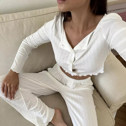 Spring and Autumn New Ladies Sexy Pajamas Homewear Suit Knitted Design Sense Containing Cotton Long-Sleeved Long Pants Suit.