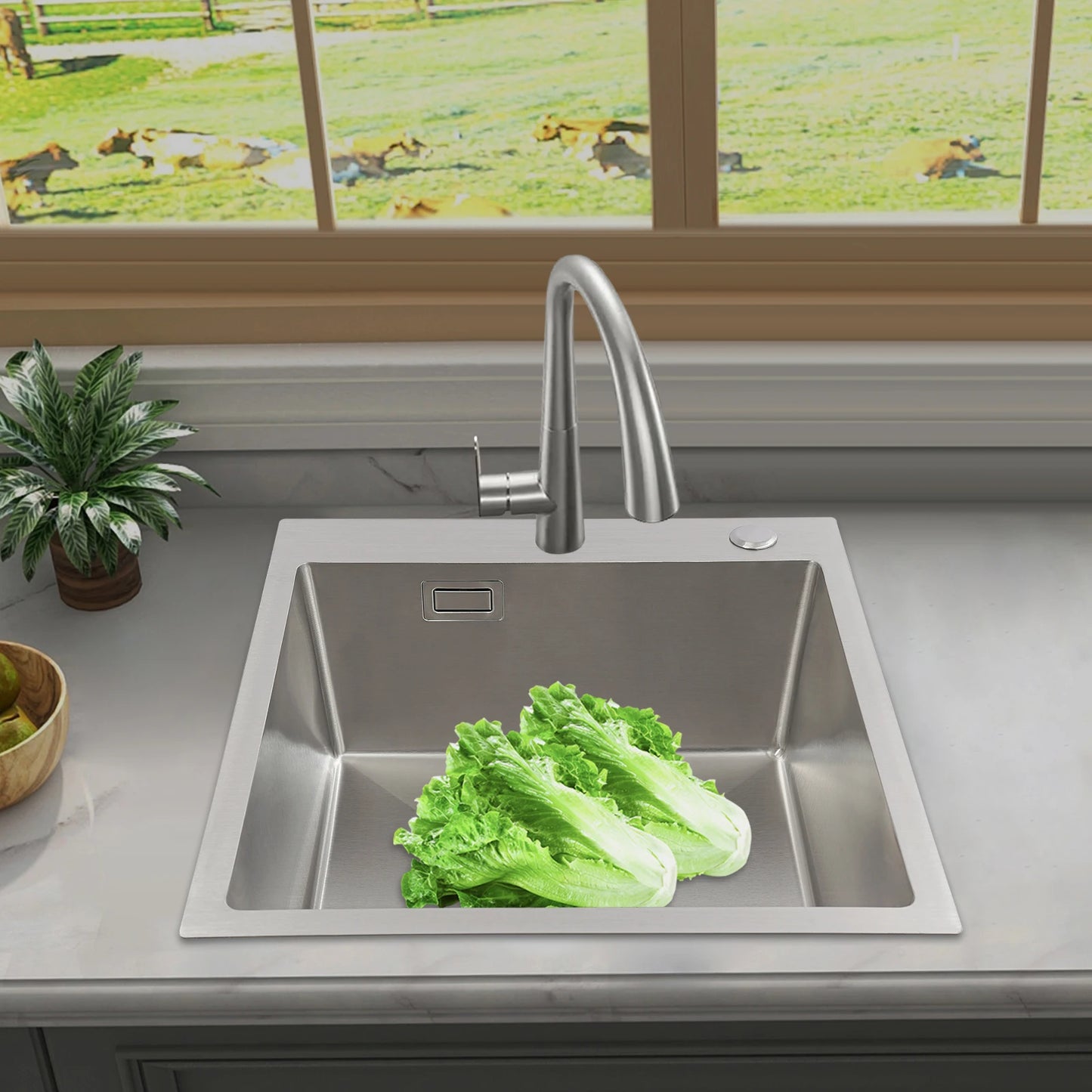 Edelstahlspüle, 45 x 50 cm, moderne Küchenspüle, Küchenspüle mit Abflussrohr, X-förmige Wassergleitungsleitung