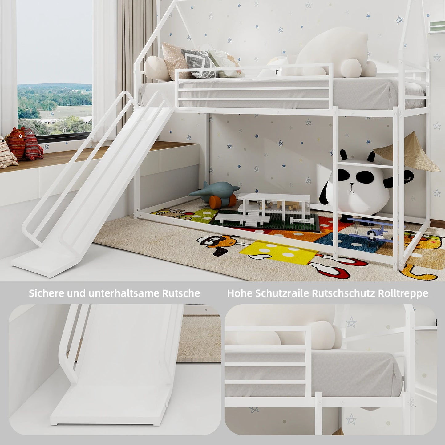 Twin Over Twin Etagenbett mit Rutsche für Kinderzimmer, hausförmiges Bettgestell mit Leiter, kein Boxspringbett erforderlich und einfach zu installieren