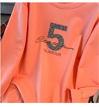 175kg plus size Damen büste Frühling Herbst loser Rundhals ausschnitt bedrucktes Langarm-Sweatshirt schwarz orange 5xl 6xl 7xl 8xl 9xl