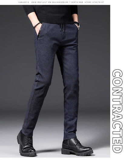 Winter Plush Trousers Men Business Fleece Pants Fashion Warm Drawstring Velvet Thick Casual Stretch Male Clothes 28-29