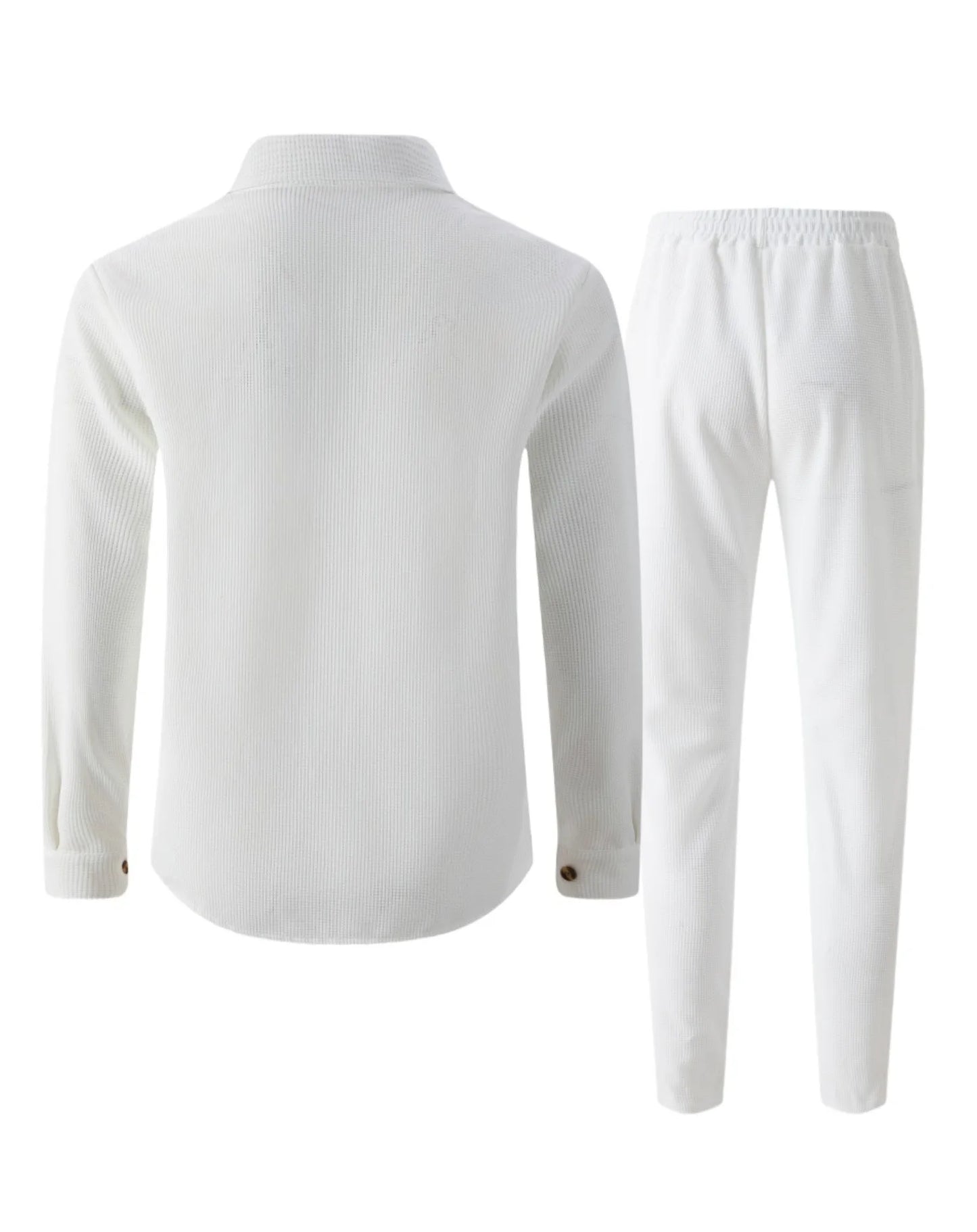 New autumn style waffle long-sleeved solid-color double-pocket buttoned cardigan shirt and pants set.