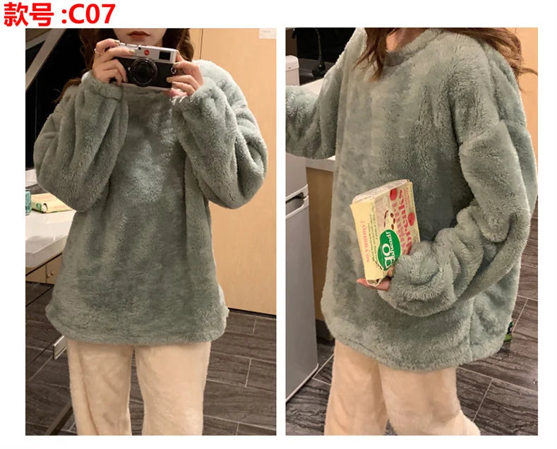 Winter Fleece Women Pajamas Set  Sleepwear Solid Velvet 2 Piece Pant Home Suit Fluffy Casual Warm Flannel Night Wear