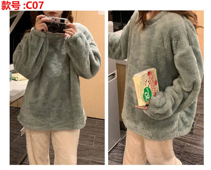 Winter Fleece Women Pajamas Set  Sleepwear Solid Velvet 2 Piece Pant Home Suit Fluffy Casual Warm Flannel Night Wear