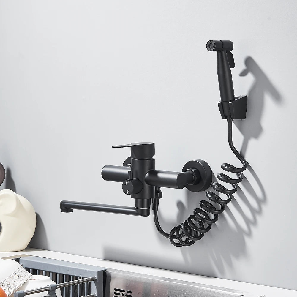 Kitchen Faucets Stainless Steel Wall Mounted Multifunctional Bathroom Basin Faucet Hot Cold  Water Mixer Taps With Spray Gun