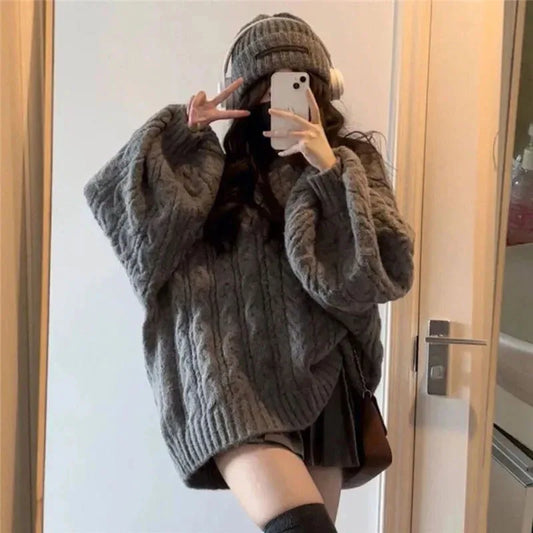 Herbst Winter Frauen Pullover Harajuku Übergroßen Gestrickte Pullover Koreanische Langarm V-ausschnitt Strickwaren Preppy Solide Lose Jumper.