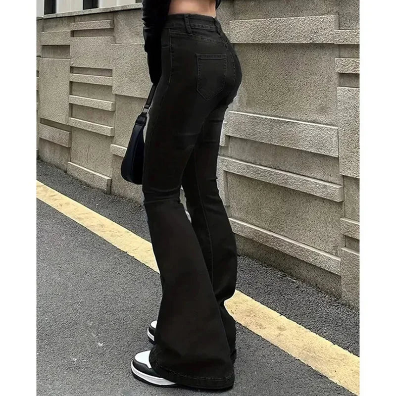 2025Mädchen Concise Ins Hohe Taille Ausgestellte Jeans Weibliche Stretchy Bootcut Denim Hosen Frauen Einfarbig Dünne Schlaghosen.