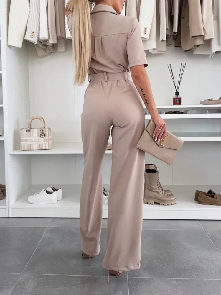 New Spring Summer Women Jumpsuits, Elegant Office Lady Jumpsuit Solid Color Belt Short Sleeve Casual Overalls Wide Leg Pants.