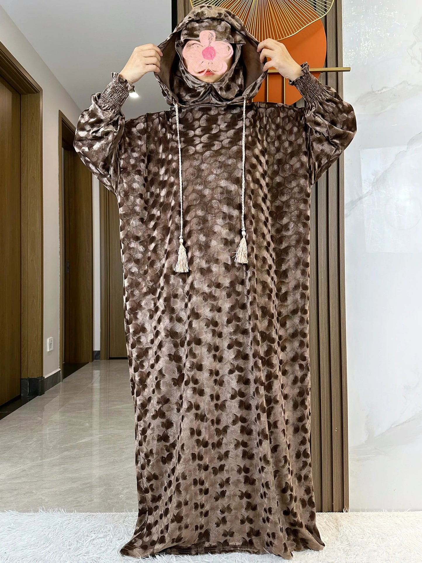 High Quality Velvet Fabric 2025 Ramadan Muslim Lady's Abaya Two-Hats Dubai Turkey Style Islamic Prayer Clothing Kaftan Dress.