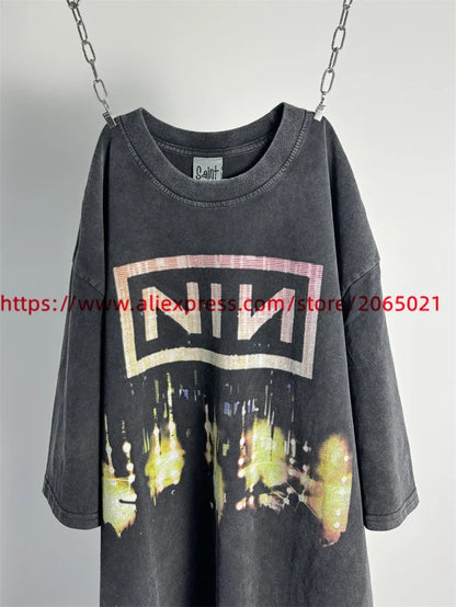 SAINT Vintage NIN Nine-inch Nail T-Shirts Best Quality Vintage Washed T Shirt Tee Tops.