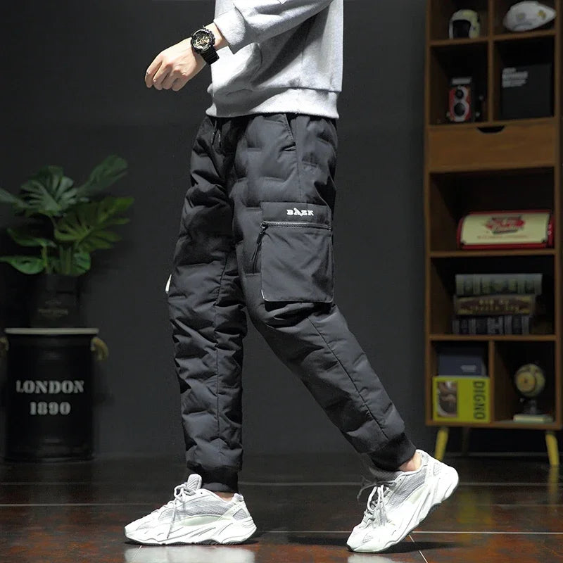 Men's Winter Pants Duck Down Padded Pants Thick Warm Black Loose Jogger Windproof High Waist Elastic Thermal Down Trouser Male.