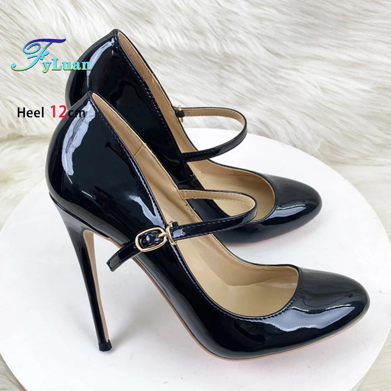 Round Toe Stiletto Shoes For Women Black Mary Jane Shoes 10CM 12CM Thin High Heels Spring Autumn Buckle Strap Fashion Sexy Pumps.