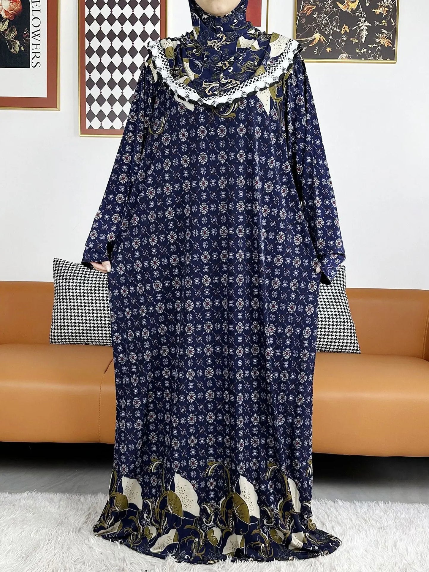 2023 Muslim Solid Cotton Abaya For Women Ramadan Prayer Garment Joint Hat Dubai Turkey Middle East Femme Robe Floral Loose Dress.
