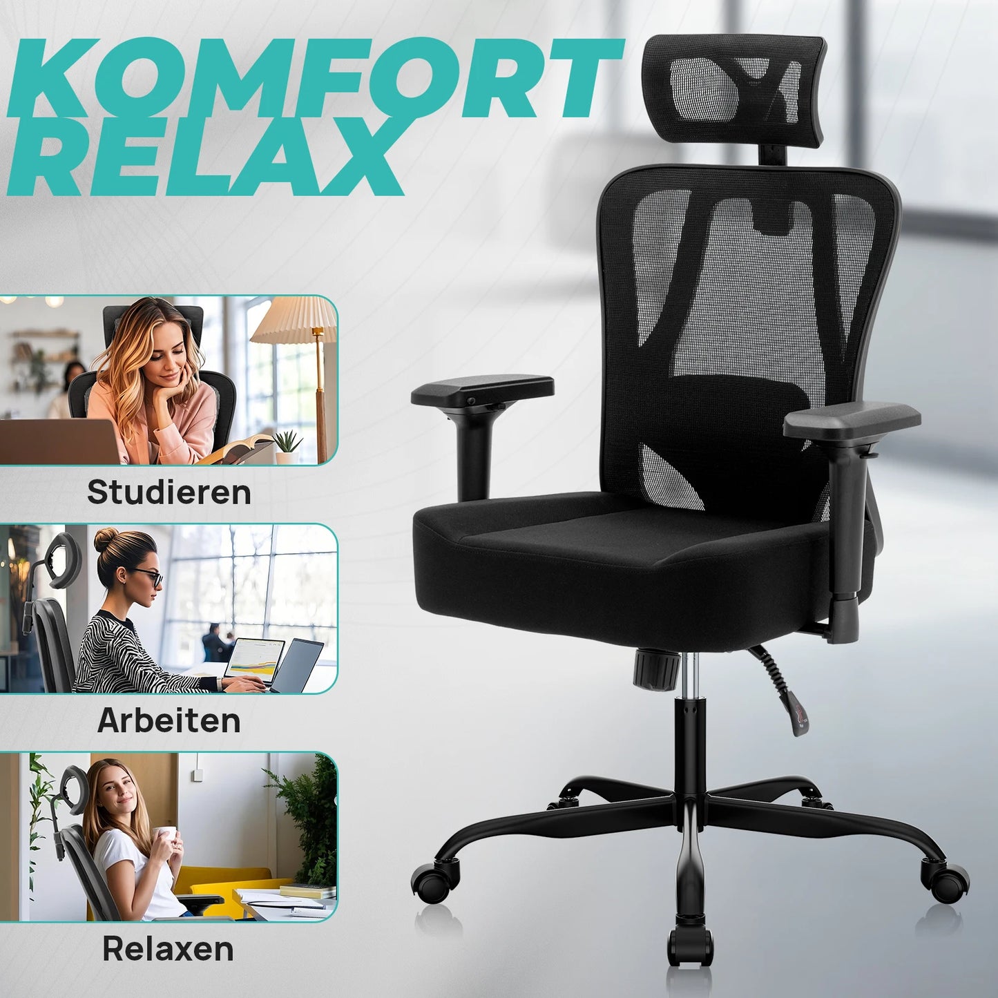 WOTSTA Ergonomischer Bürostuhl mit atmungsaktiver Rückenlehne und verstellbaren Kopfstützen-Armlehnen, gepolstertem Sitz, ideal für Arbeit und Studium