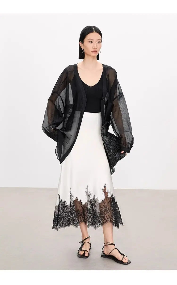 Mia Girl Elegant Satin Long Skirts for Women Oversize Lace Patchwork High Waist A-line Skirt French Style Summer Chic Lady Skirt