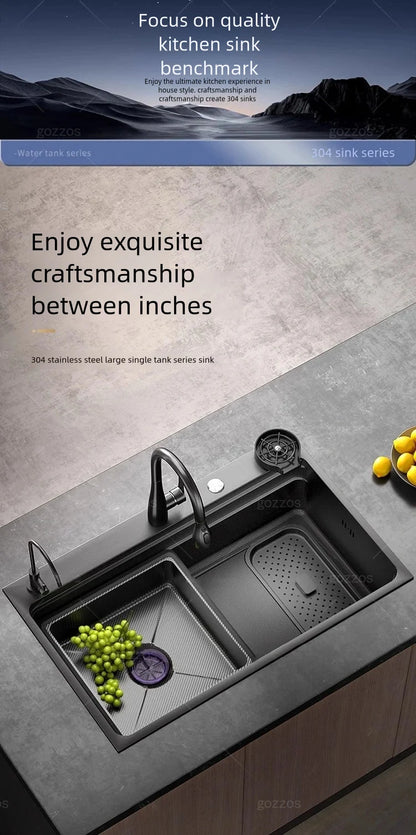 Black 304 Stainless Steel Kitchen Sink Household Multifunction Wash Dish and Vegetables Basin Large Single Slot Undermount Basin