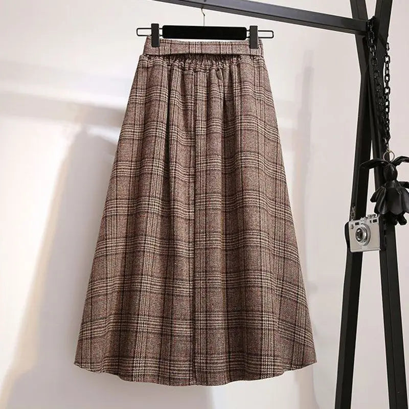 Khaki Plaid Vintage A-line High Waist Lace Up Buttons Loose Women's Skirt Mid-Calf Long Skirts For Women Clothing Fashion 2024.