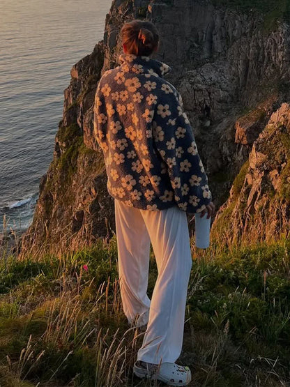 Sumuyoo Autumn Winter Women's Sherpa Floral Pullover Hoodies Half Zip Style Loose Fit Warm Stylish New Sweatshirt