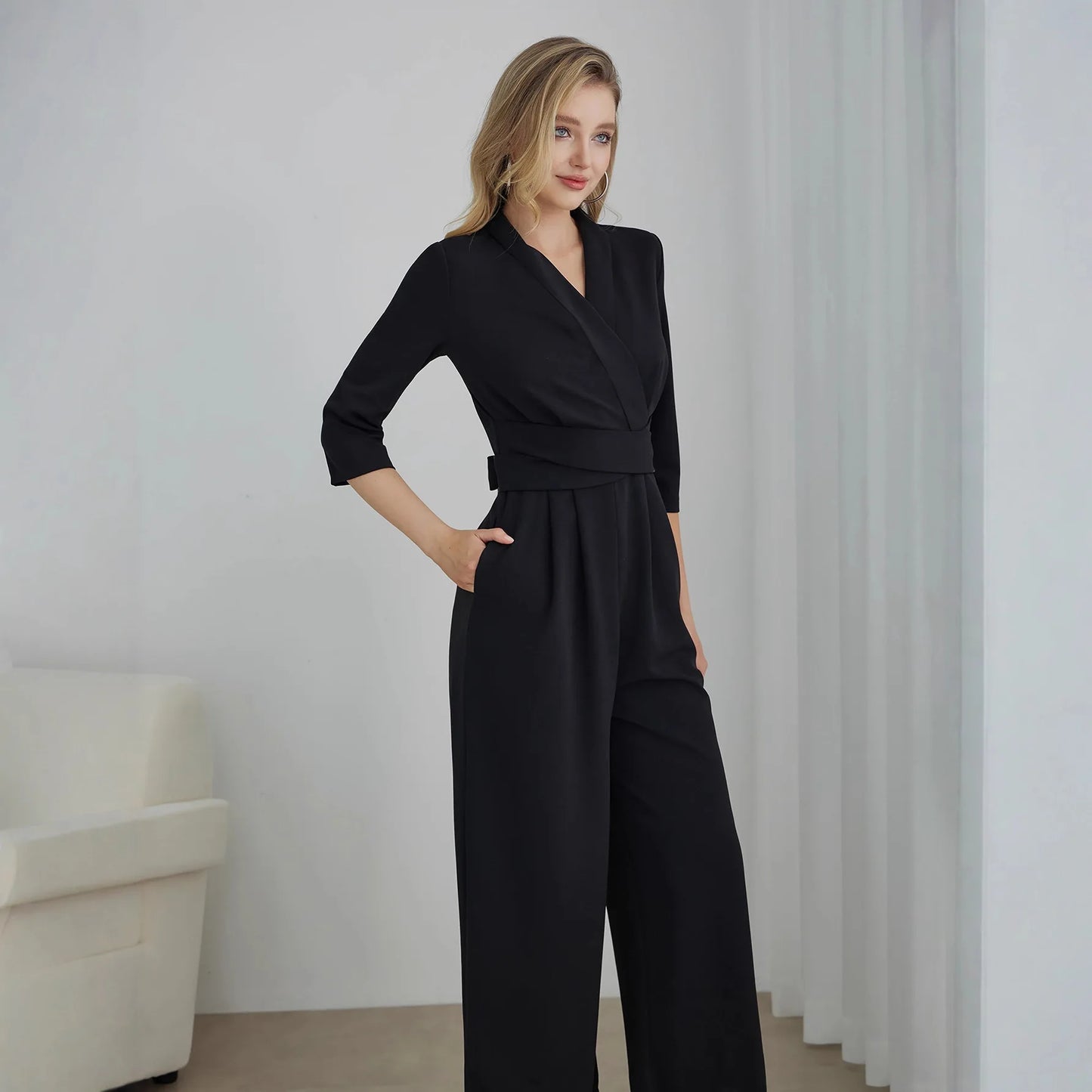 Elegant Pure Color V-Neck Sleeveless Wide Leg Jumpsuit Women's Spring Autumn Fashionable Comfortable Polyester One-Piece Suit.