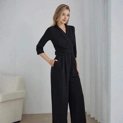 Elegant Pure Color V-Neck Sleeveless Wide Leg Jumpsuit Women's Spring Autumn Fashionable Comfortable Polyester One-Piece Suit.