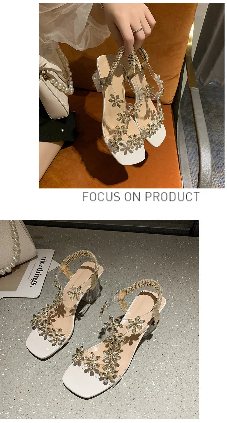 Women;s Sandals Pvc Crystal Flower Shoes for Women Decoration Chunky Heel Sandals Ladies Back Strap Fashion Shoes Female2024