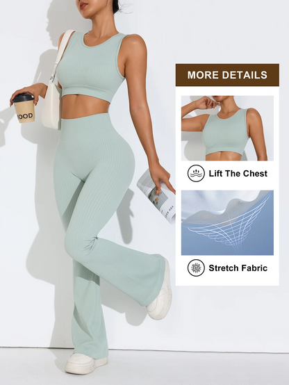 2 pcs/set Seamless Flare Pants Set Ribbed Tank Top Outfit Women's Clothing Breathable Flared Trousers Yoga-to-Street Athleisure.