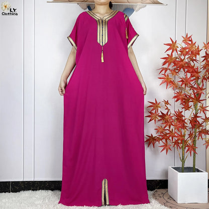 New Muslim Abayas Summer Short Sleeve African Dashiki Tassels Cotton Loose Caftan Lady Maxi Islam Casual Dresses With Headscarf.
