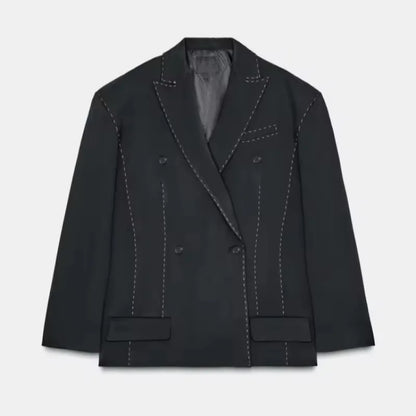 Fashion Line Suit Pants Set Women Lapel Full Sleeve Double Breast Pocket Blazer Straight Trousers 2025 Autumn Winter Lady Outfit.