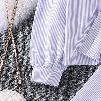 Spring Hot Sale Kids Outfit 4-12 Years Girls Striped Long Sleeve Chemise + Casual Loose Straight Leg Pants Shirt Suit 2Pcs Set.