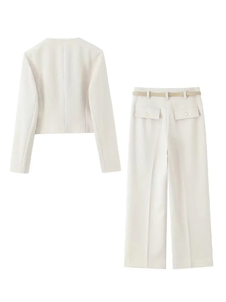 HH Women Solid Pant Set Long Sleeve O-Neck Double-Breasted Blazers+High Waist Chain Matching Side Zipper Trousers Sets.