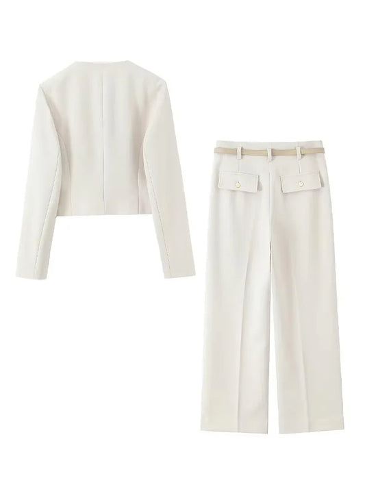 HH Women Solid Pant Set Long Sleeve O-Neck Double-Breasted Blazers+High Waist Chain Matching Side Zipper Trousers Sets.