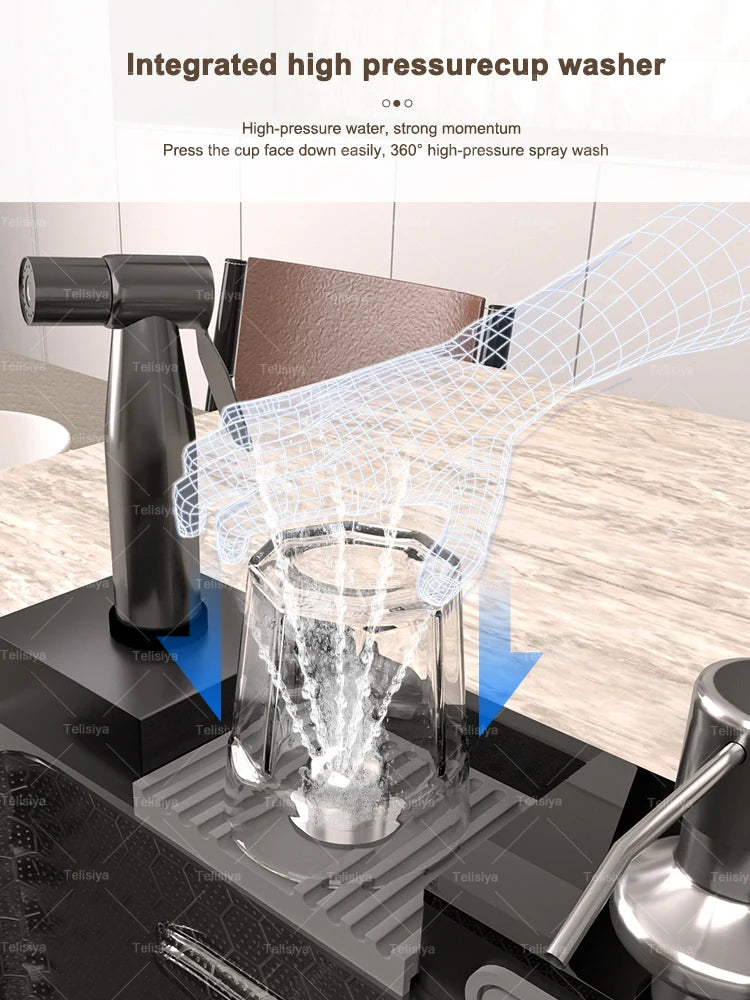 Küchenspüle aus Edelstahl mit Wasserfall, Einzelschüssel, Digitalanzeige, extra großer Schlitz, multifunktionale Waschbecken