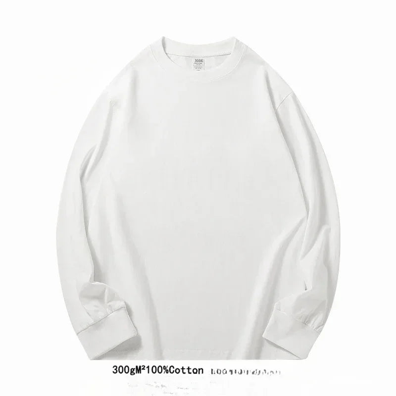 Spring Autumn 300g Heavy-duty Pure Cotton Long Sleeved  T-shirt FLoose White Top Thick Base Layer Underneath for Men and Women