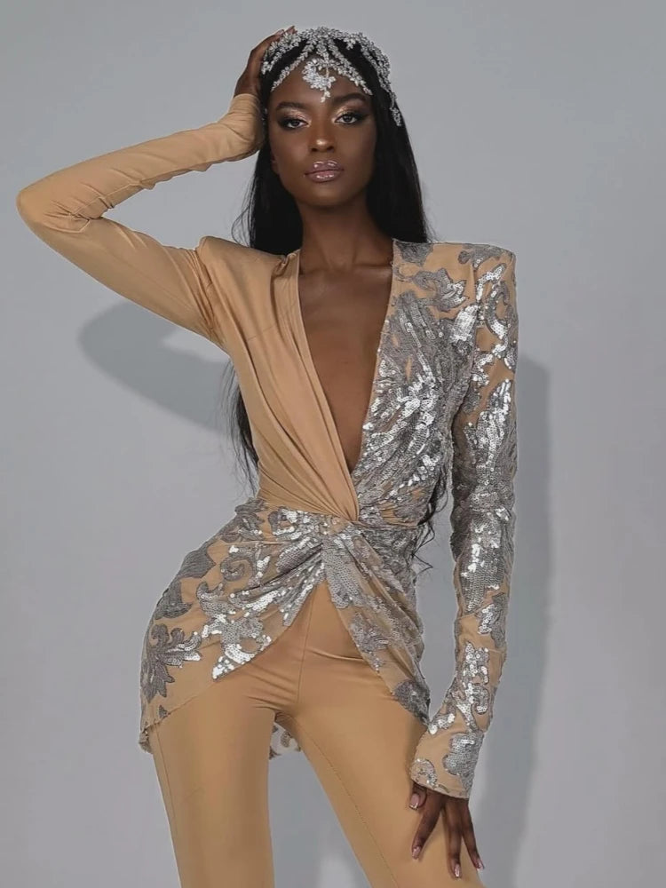 Sexy Deep V Neck Sparkly Diamonds Design Jumpsuit Women Long Sleeve Draped Wide Leg Jumpsuit Elegant Evening Club Costume Runway.
