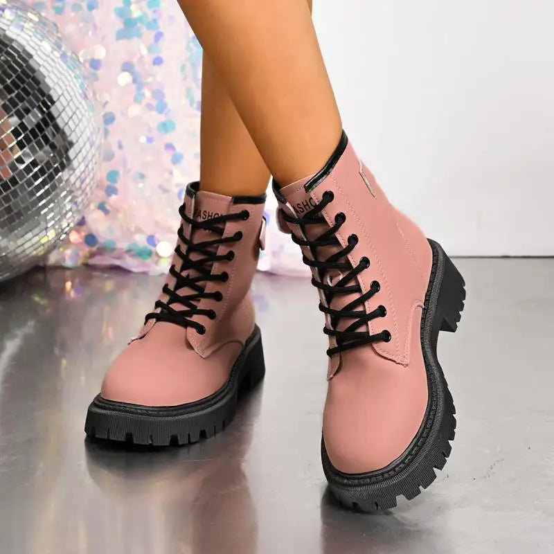 Chunky Platform Thick Heel Pink Ankle Boots Women 2025 Winter Punk Thick Bottom Lace Up Motorcycle Boots Metal Buckle Booties.