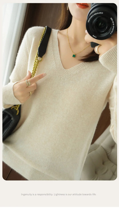 Neue Kaschmir frauen V-ausschnitt Pullover Spitze Neck Aushöhlen Design Beiläufige Gestrickte Lange Hülse frauen Pullover Herbst Und winter.