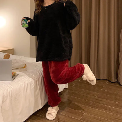 Winter Fleece Women Pajamas Set  Sleepwear Solid Velvet 2 Piece Pant Home Suit Fluffy Casual Warm Flannel Night Wear