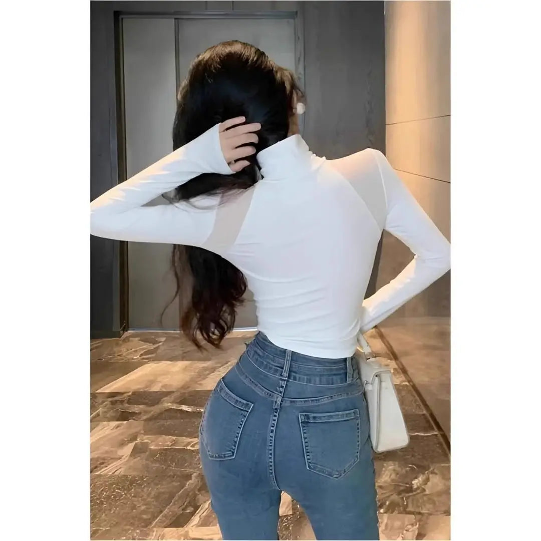 Sexy Pure Half Turtle Neck Small Mesh Splicing Slim Fit and Velvet T-shirt Base Shirt for Women in Autumn and Winter New Top.