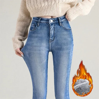 Frauen Thermische Dünne Jeans Mom Winter Warme Plüsch Stretch Jeans Dame Fleece Schnee Denim Hosen Student Bleistift Gerade Bein Hosen