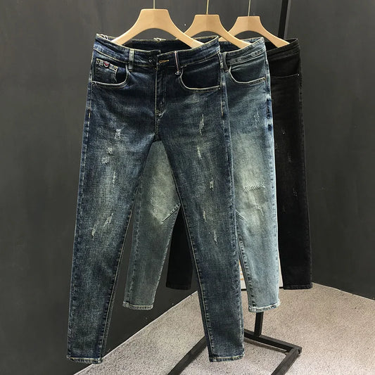 Y2k  Men Fashion Stylish Brand Denim Pants High Quality Designer Slim Fit All-match Trousers Casual Stretch Pencil Cropped Jeans.