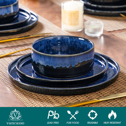 vancasso 12/24/36Piece Dinner set Black Blue Reactive Glaze Vertical edge Dinnerware set with 4PCS Dinner Plate/ Dessert/Bowl.