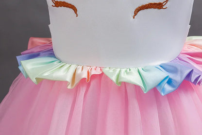 2023 Neues Regenbogen-Einhorn-Kleid für Mädchen, besticktes Tanzkleid, Halloween-Performance-Kleidung, Kinderkleidung, 3–10 Jahre alt